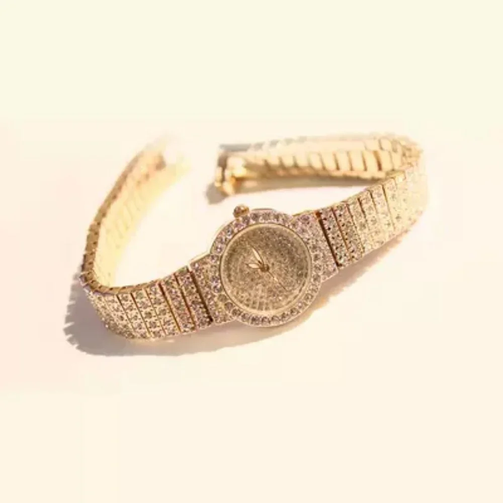 Gold Tone Iced Out Ladies Watch Bling Stones